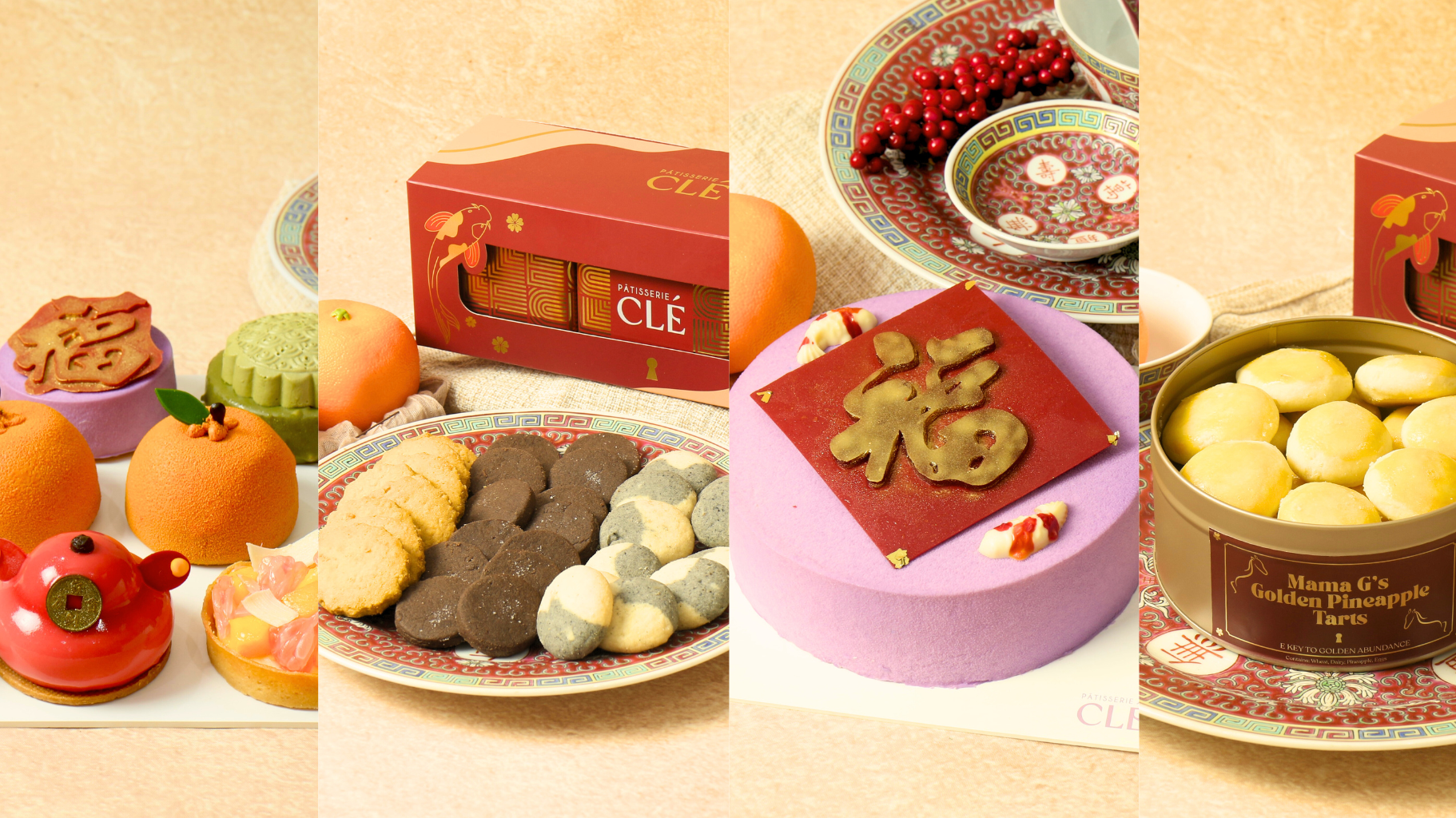 A curated Lunar New Year dessert spread featuring pineapple tarts, festive pastries and gift boxes