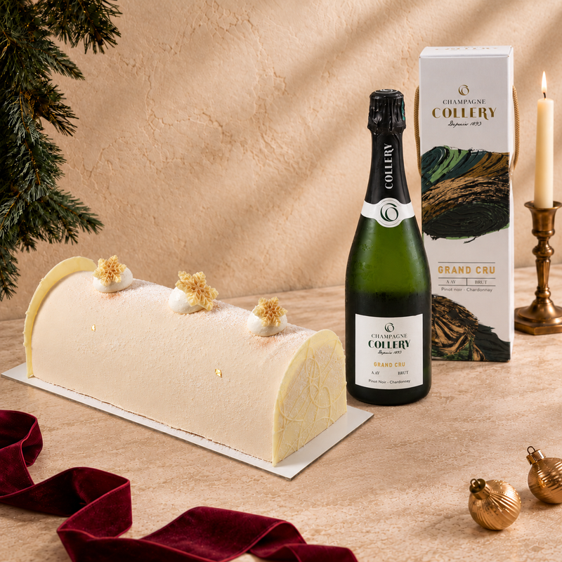 Hazelnut Praline Log Cake & Champagne Pairing from Pâtisserie CLÉ's 2026 Christmas collection