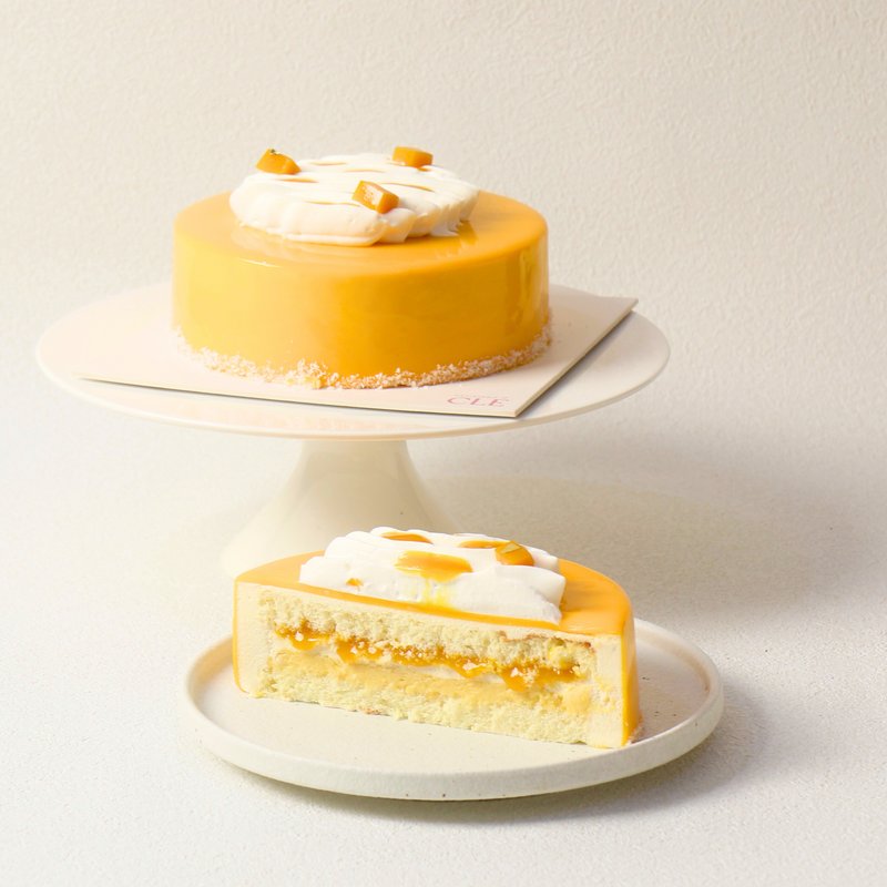 Mango and Passionfruit Cake with slice, Pâtisserie CLÉ
