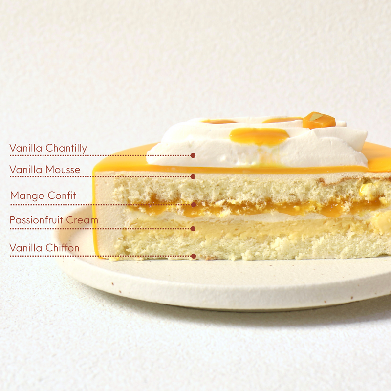 Five-layer cross-section of the Mango and Passionfruit Cake, Pâtisserie CLÉ
